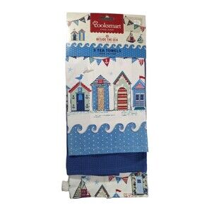 Cooksmart Beside the Sea Nautical Kitchen Tea Towels 3-Pc Beach Cotton Gift NEW